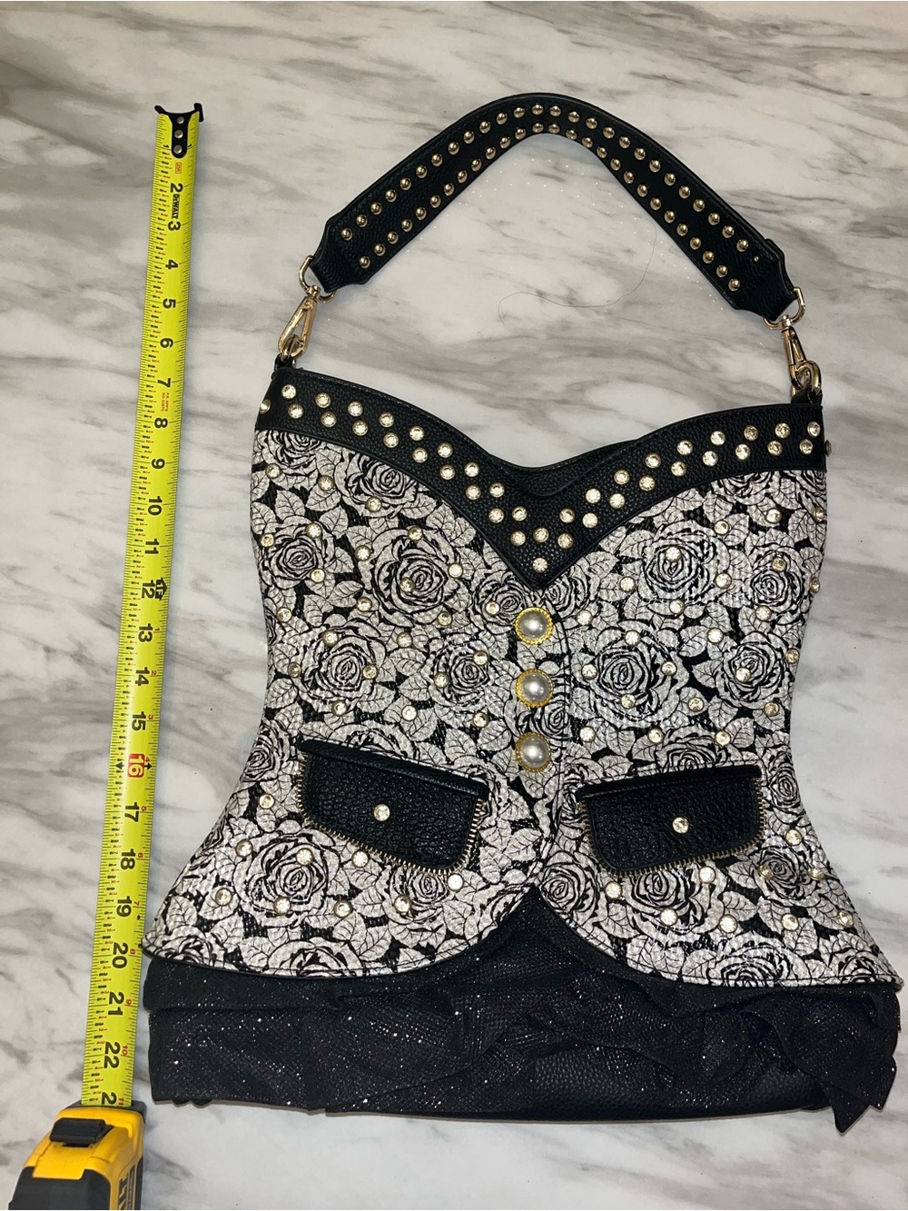 Black & White Rose Studded Corset-Style Shoulder Bag - Picture 12 of 13